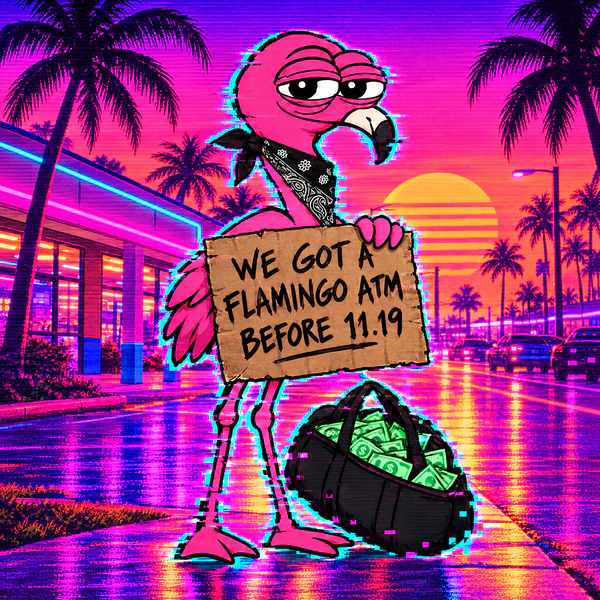 The flamingo on a roadside at sunset holding a cardboard sign reading: we got a flamingo ATM before 11.19.