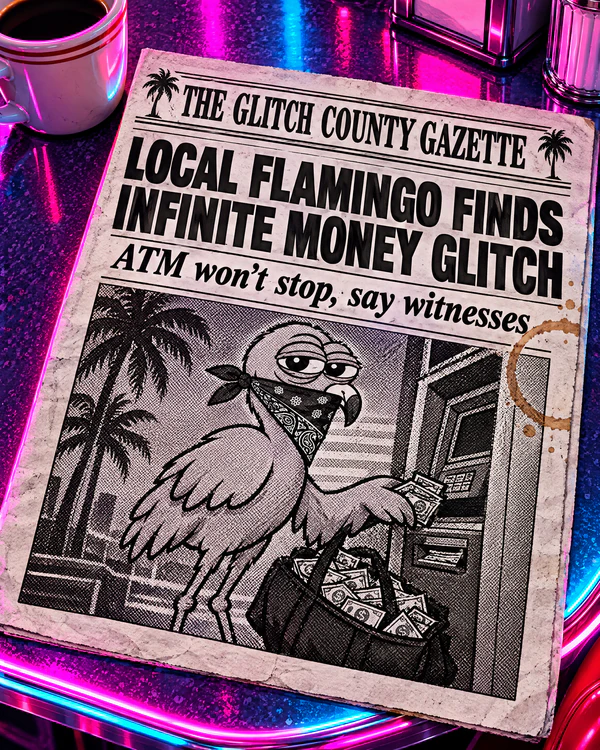 Newspaper front page headlined: local flamingo finds infinite money glitch.