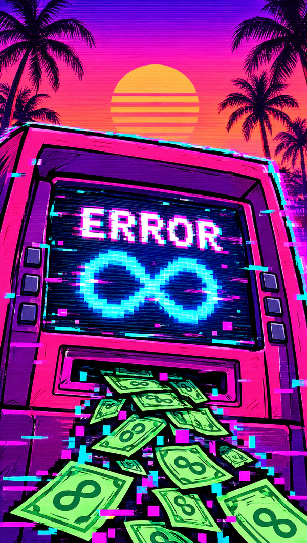 Phone wallpaper: close-up of the ATM screen reading ERROR above an infinity symbol, cash streaming out.