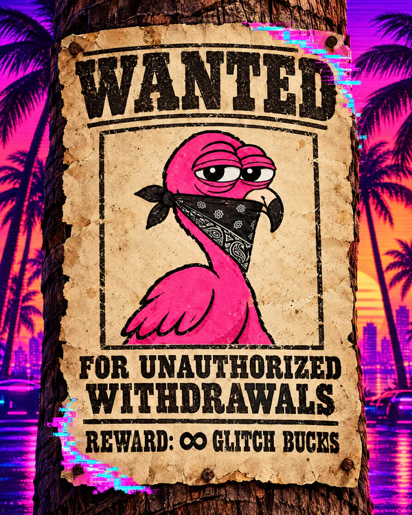 Wanted poster of the flamingo, for unauthorized withdrawals, reward infinity glitch bucks.