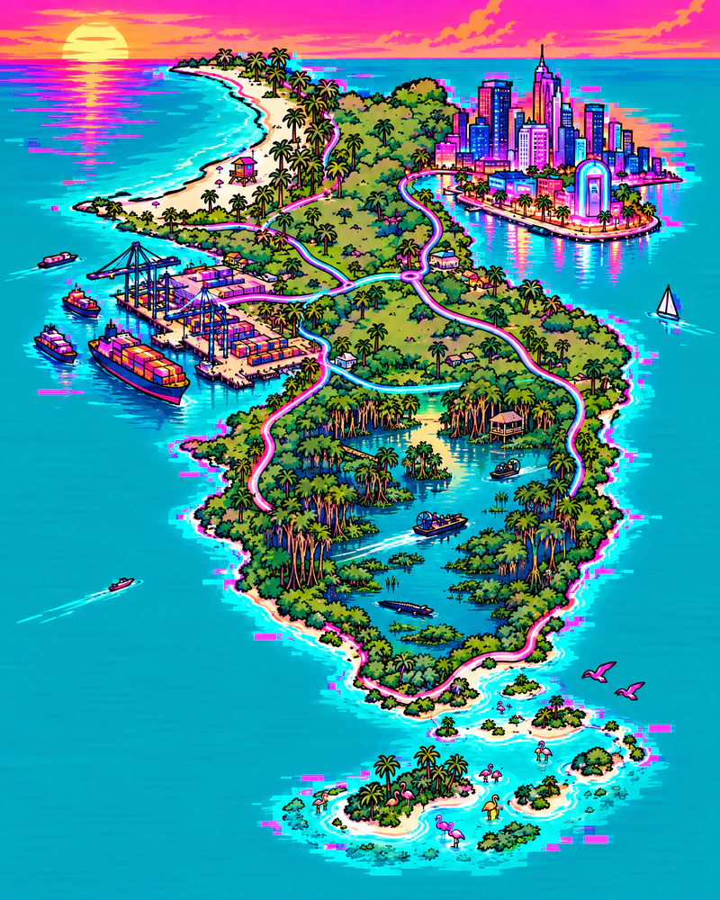 Illustrated map of Glitch County: a neon city with the ATM in the north-east, a beach in the north-west, a port on the west coast, a swamp in the middle and flamingo islands off the southern tip.