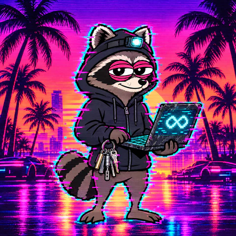Bandit the raccoon in a hoodie and headlamp, holding ATM keys and a laptop showing an infinity symbol.