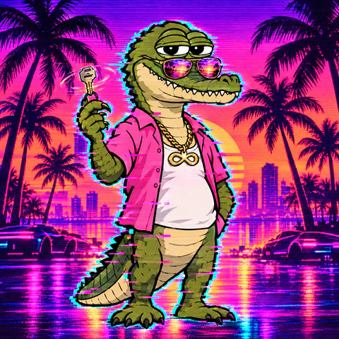 Big Al the alligator in mirrored aviators and an open pink shirt, spinning a boat key on a neon street at sunset.