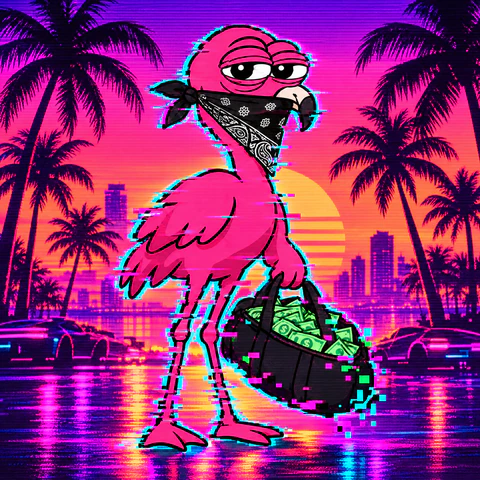 Mingo the flamingo, black paisley bandana over its beak, holding a duffel bag of cash on a neon street at sunset.