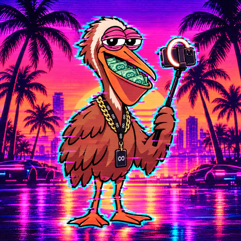 Pouch the pelican filming a selfie on a ring-light stick, its throat pouch stuffed with cash, on a neon street at sunset.