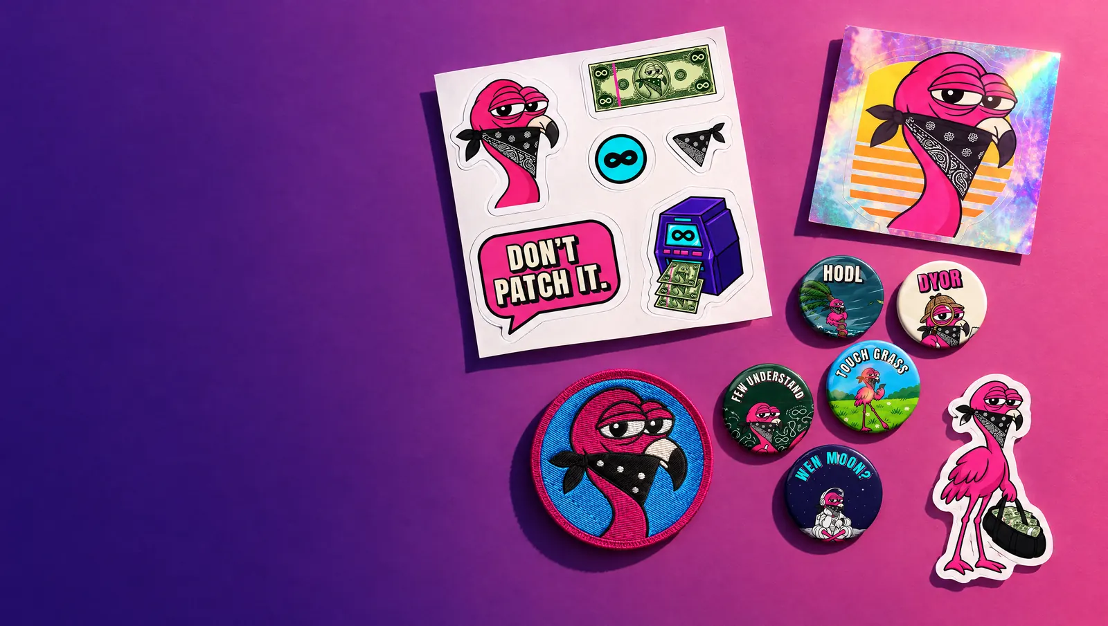 The first drop laid out on violet-to-pink paper: a sticker sheet, a holographic sticker, five pin buttons, an embroidered patch and a flamingo sticker.
