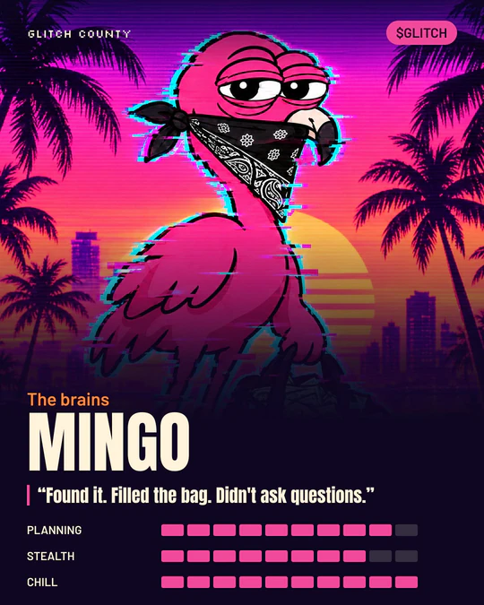 Mingo character card: the brains, Planning 9 of 10, Stealth 8 of 10, Chill 10 of 10